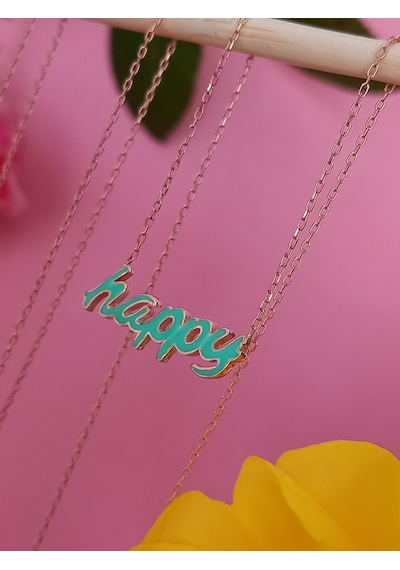 Keskin Gümüş Gümüş Mineli Happy Neon Yeşil Mutlu Trend Kadın Kolye