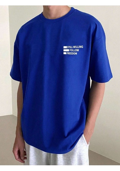 Unisex Sax Mavisi Oversiz Still Follow Freedom Baskılı Örme T-shirt Sax Mavi
