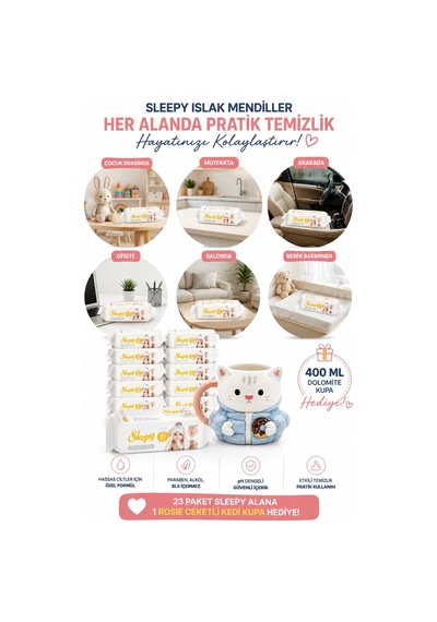 Sleepy Sensitive Islak Mendil 90'lı x 23 Paket + Rosie Ceketli Kedi Kupa Tekli