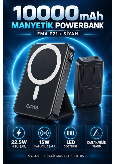 Eima P21 10000 Mah 22.5w Qc 3.0 Hızlı Şarjlı Magsafe Uyumlu Manyetik Kablosuz Powerbank Standlı Led Çok Renkli