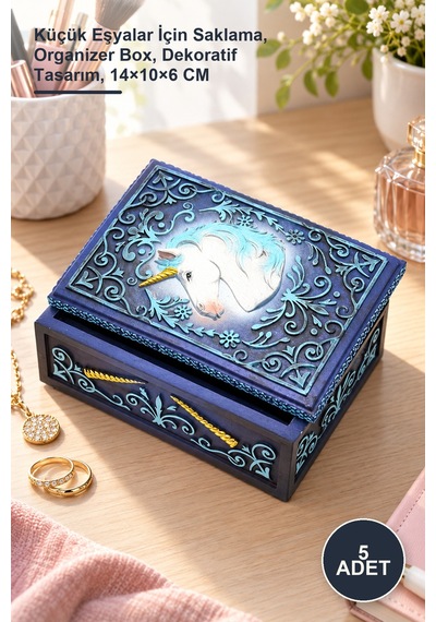 5 Adet Unicorn Polyester Kutu Küçük Eşyalar İçin Saklama, Organizer Box, Dekoratif Tasarım, 14 10 6 Cm