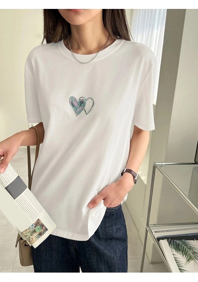 Startmore Kadın Beyaz Çift Heart Baskılı Oversize T-shirt Beyaz
