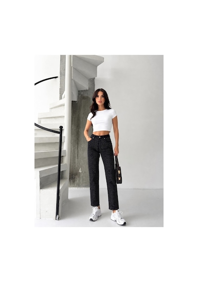Kene Jeans Siyah Bacak Taşlı Mom Jeans Siyah