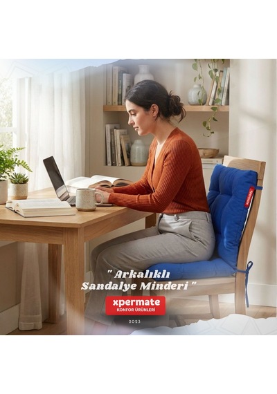 Pofuduk Arkalıklı Sandalye Minderi Bağcıklı Yıkanabilir Dekoratif Minder Mavi