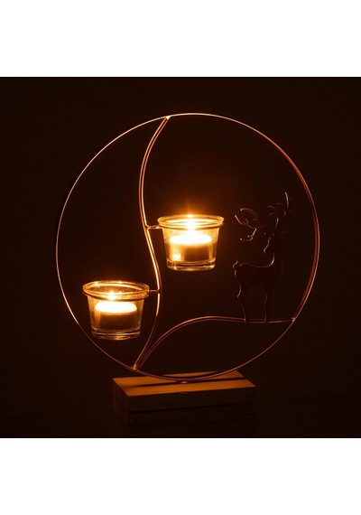 Wigo Geyik Desenli 2li Tealight Mumluk Ekru Krem