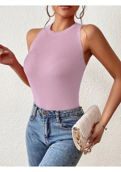 Saklımoda Kadın Kolsuz Sırt Çapraz Detay Triko Bluz Lila