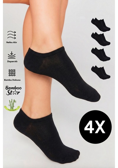 Bamboo Star Bambu Kadın Sneaker Beyaz Çorap Dikişsiz Bilekte Görünmez Spor Çorap Premium 4 Lü Paket Siyah