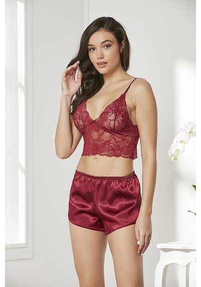 Pierre Cardin 7005 Çeyizlik Dantelli Saten 4'Lü Set -Bordo