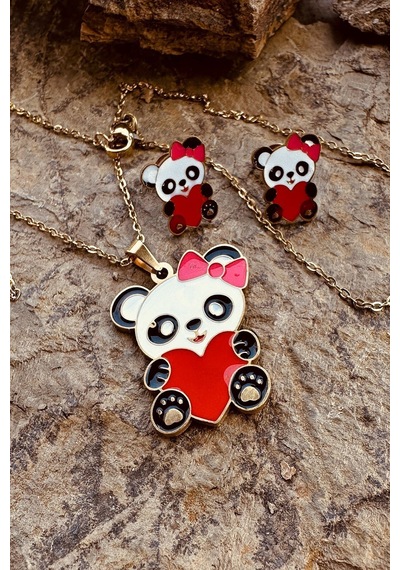 Kalpli Panda Model Mineli Gold Altın Renk Paslanmaz Çelik Kolye Küpe Set