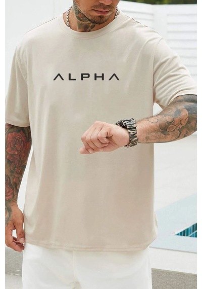 Flood Of Style Unisex Alpha Baskılı T-shirt Bej