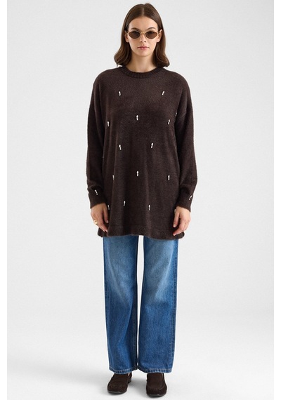 Olcay Taş Detaylı Soft Kumaş Oversize Triko Kazak Kahve 8290