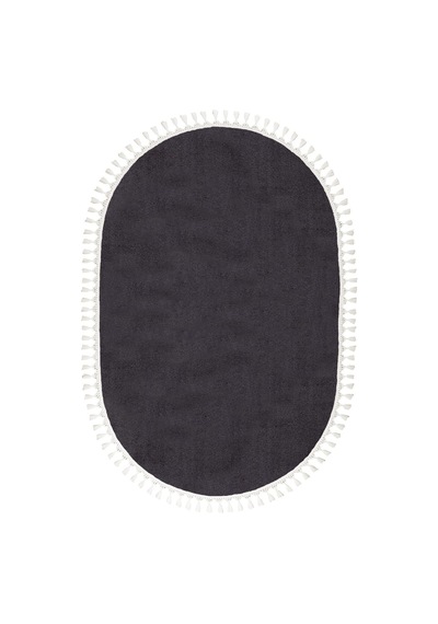 Vl Oval Comfort Overloklu Peluş Halı Beyaz Saçaklı Oval Antrasit