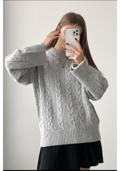 Madmext Gri Bisiklet Yaka Örme Triko Kazak Mg2009 Gri