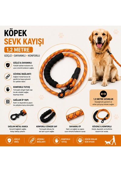 Köpek Sevk Kayışı 1,2 Metre Kalın Örgü İp Sünger Saplı Reflektörlü - Turuncu