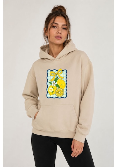 Herkesemoda Limon Baskılı Kapüşonlu 2 İplik Şardonlu Sweatshirt Bej