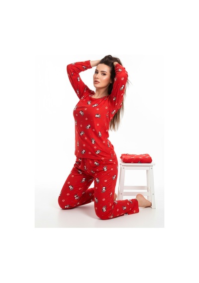 Bisiklet Yaka Süet Pijama Takımı 6005 Penguen Kırmızı Kırmızı