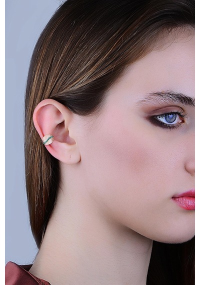 Gümüş Rose Yeşil Taşlı Yaprak Modeli Sıkıştırmalı Kıkırdak Küpe Ear Cuff