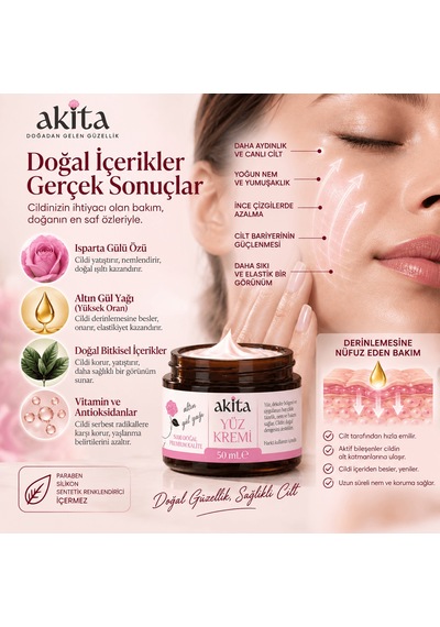 Akita Doğal Altın Gül Yağı Yüz Kremi 50 ML