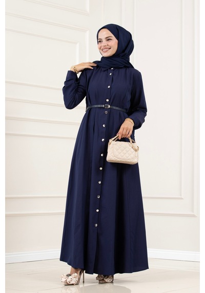 Sevitli Gömlek Yaka Kemerli Berra Elbise-lacivert-5883