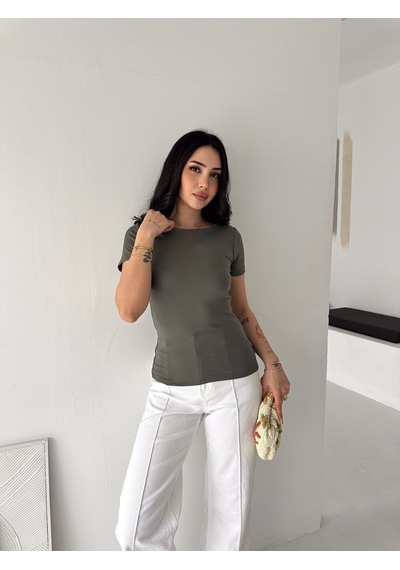 Elaxi Kadın Kısa Kollu Kayık Yaka Buzy Kumaş Tişört Haki