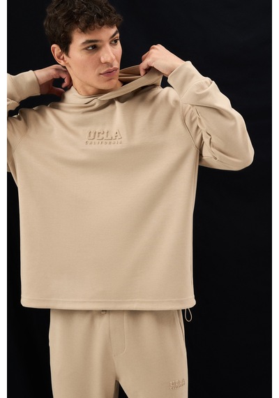 Ucla Wınfrey Koyu Bej Kapüşonlu Gofre Baskı Standard Fit Erkek Sweatshirt Koyu Bej