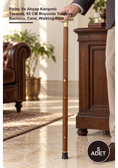 5 Adet Pirinç Baston Pirinç Ve Ahşap Karışımlı Tasarım, 93 Cm Boyunda Yürüyüş Bastonu, Cane, Walking Stick