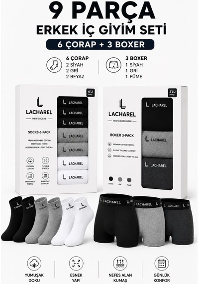 Novalisse Erkek 9'lu İç Giyim Seti Pamuklu 3 Boxer 6 Çorap Çoklu Paket - Siyah - Füme - Gri - Beyaz Çoklu Renk Novalisse Erkek 9'lu İç Giyim Seti Pamuklu 3 Boxer 6 Çorap Çoklu Paket - Siyah - Füme - Gri - Beyaz Çoklu Renk