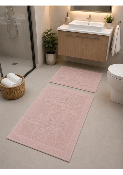 Kabartma Çiçek Desenli 2 Li Banyo Paspas Seti Yumuşak Dokulu Modern Banyo Halısı Pembe