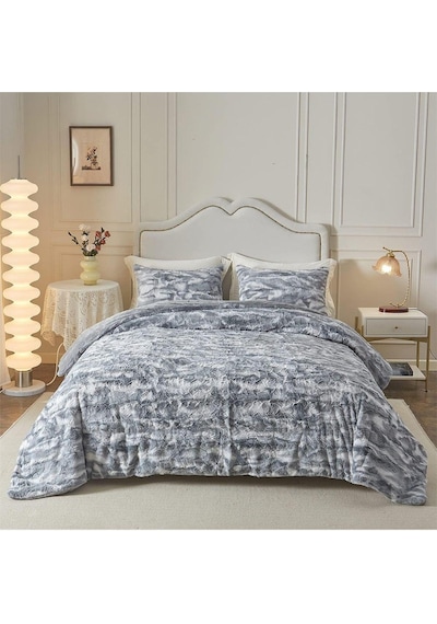 Evlen Home Çift Taraflı Kişilik Kürk Yorgan Uyku Seti Yumuşak Dolgulu Wellsoft Peluş 3 Parça Mia Antrasit Gri