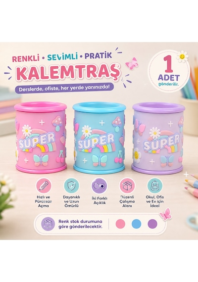 Bakgelal Super Desenli Çift Delikli Hazneli Kalemtraş Renkli Çocuk Kalem Açacağı Okul Ofis Kırtasiye Ürünü 1 Adet - 9032641100925