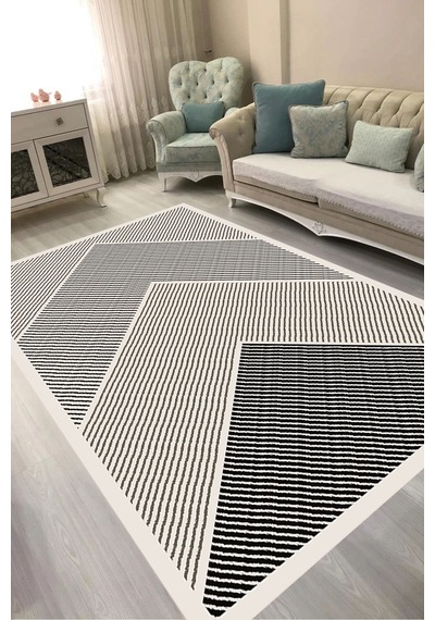 Alanur Kaymaz Yıkanabilir Dijital Baskılı Salon Halısı Trend Geometrik Al4048 krem