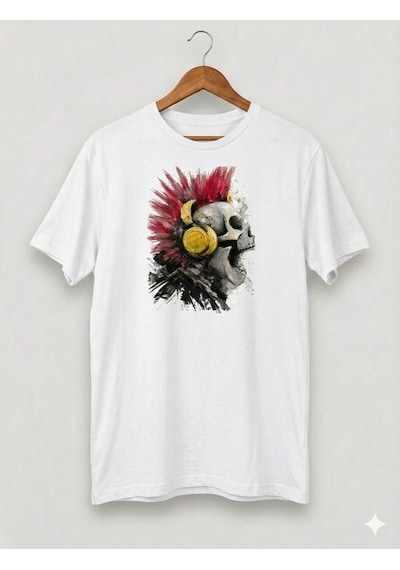 Punk Rock Temalı Kuru Kafa Baskılı Bisiklet Yaka Erkek T-shirt Beyaz