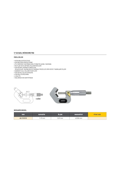 Fett As-151010 1-15 mm Asimeto Mekanik V Yataklı Mikrometre