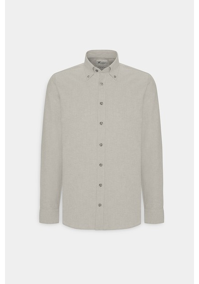 Erkek Bej Slim Fit Dar Kesim Düğmeli Yaka Pamuklu Oxford Gömlek Bej