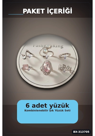 Pirinç 6'li Yuzuk Seti 7-8 Numara Gumus Renk Bijuteri Bileklik Hediyelik Paket Bx-313705 Çok Renkli