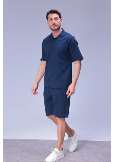 Erkek Rahat Kalıp Cepli Keten Gömlek Ve Beli Lastikli Şort Yazlık Oversize Takım Lacivert