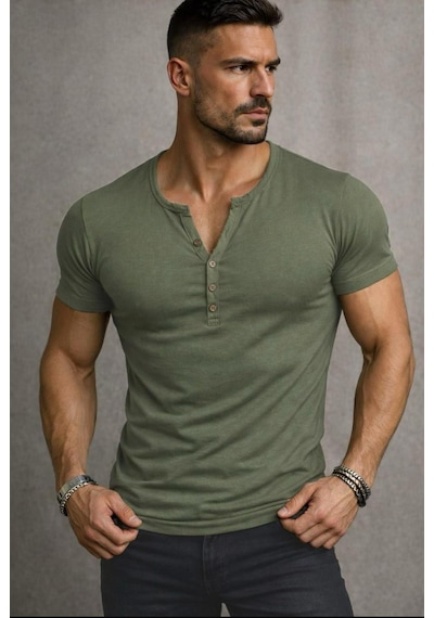 Özel Üretim Henley Yaka Düğmeli Açık Geniş Yaka Tişört T-shirt Haki Özel Üretim Henley Yaka Düğmeli Açık Geniş Yaka Tişört T-shirt Haki