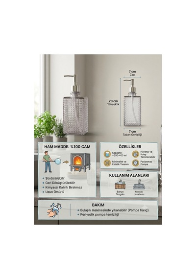 Premium Kare Desenli Silver Pompalı Cam Sıvı Sabunluk 500ml - 23 X 7 X 7 Cm Gri