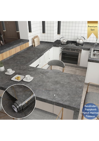 Technosmart 60x500cm Mermer Desen Kendinden Yapışkanlı Duvar Kağıdı Kaplama Mutfak Tezgeh Masa Folyo Koyu Gri