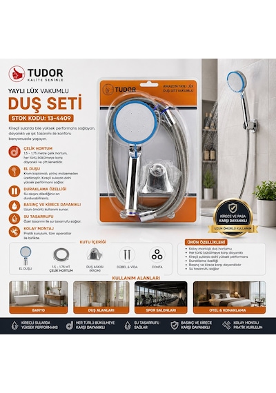 Tudor Tdr-254 Krom Lüks Duş Seti - Metal Yaylı Hortum 150 Cm Ve Mafsallı
