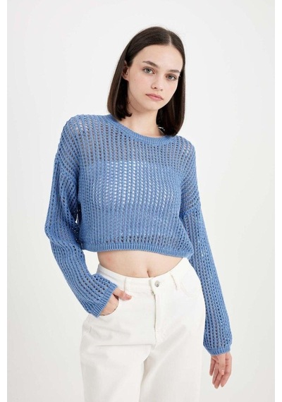 Defacto Regular Fit Bisiklet Yaka Kroşe Ajurlu Delikli Crop Triko Kazak T4513AZ24AUBE113 Mavi