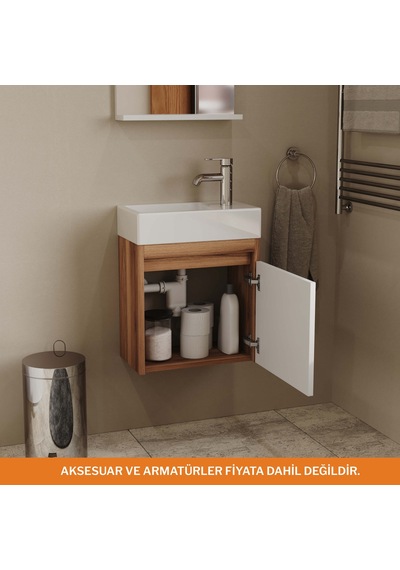 Aqua Bagno Minizia Banyo Dolabı 45 X 26 Cm. Doğal Ceviz -beyaz ,lavabo Dahil Abs.50.35.06.01 Ceviz - Beyaz