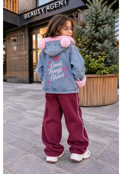 Toikids Kız Çocuk Kapüşonlu İçi Peluş Kürklü Kot Mont Kaban / Tek Parça Açık Pembe