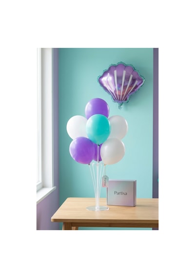 Mor Deniz Kabuğu Midye Balon Stand Seti Şeffaf 7 Li Stand + Mor Midye Folyo Balon + 7 Lateks Balon