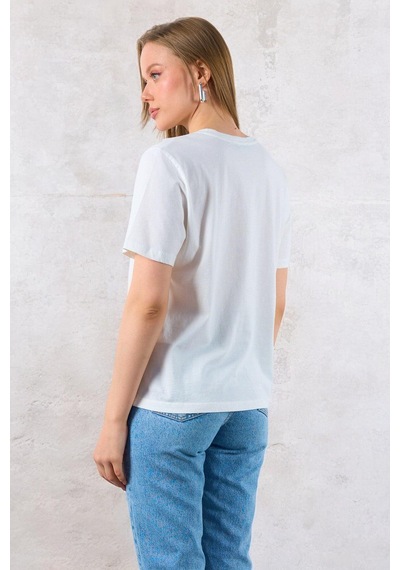 Kadın Krem Kaplan Baskılı %100 Pamuk T-Shirt