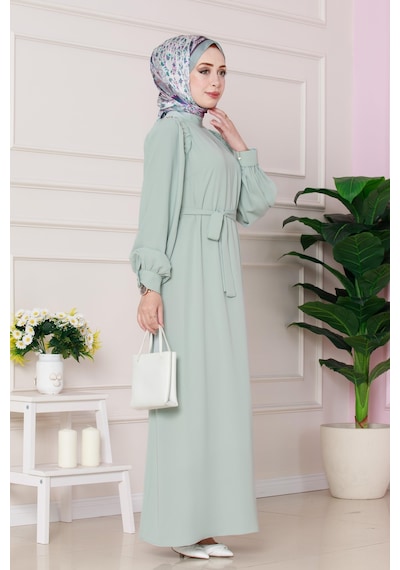Sevitli Omuzu Taş Detaylı Rose Elbise-mint Yeşili-4775 Mint Yeşili