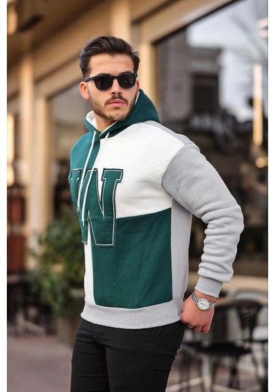 Erkek W Nakış İşlemeli Kapüşonlu Sweatshirt - Yeşil