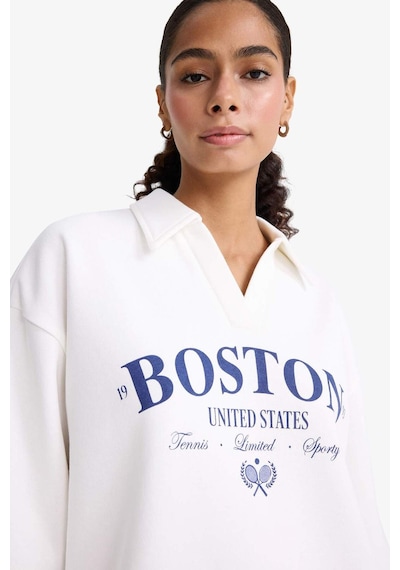 Defacto Relax Fit Polo Yaka Baskılı Kalın Sweatshirt F1064ax25auer105 Ekru