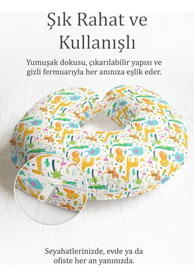 Safari Hayvanları Desenli Pamuklu Boyun Yastığı - Eğlenceli Yeşil Turuncu Seyahat Yastığı Pastel Lavanta Aqua