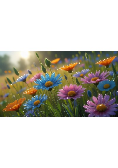 Doğa Ve Manzara Yatay Çayırda Rengarenk Kır Çiçekleri Üzerinde Çiyi 03 Çerçevesiz 90x60cm Pvc Tablo